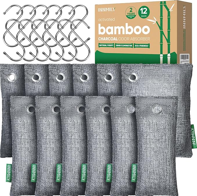 Activated Charcoal Odor Absorber,Large 12 Pack w Hooks Nature Odor Eliminator for Strong Odor, Bamboo Charcoal Air Purifying Bags,Moisture Absorbers for Fresh Home Car Closet Pet,Smoke Room Deodorizer