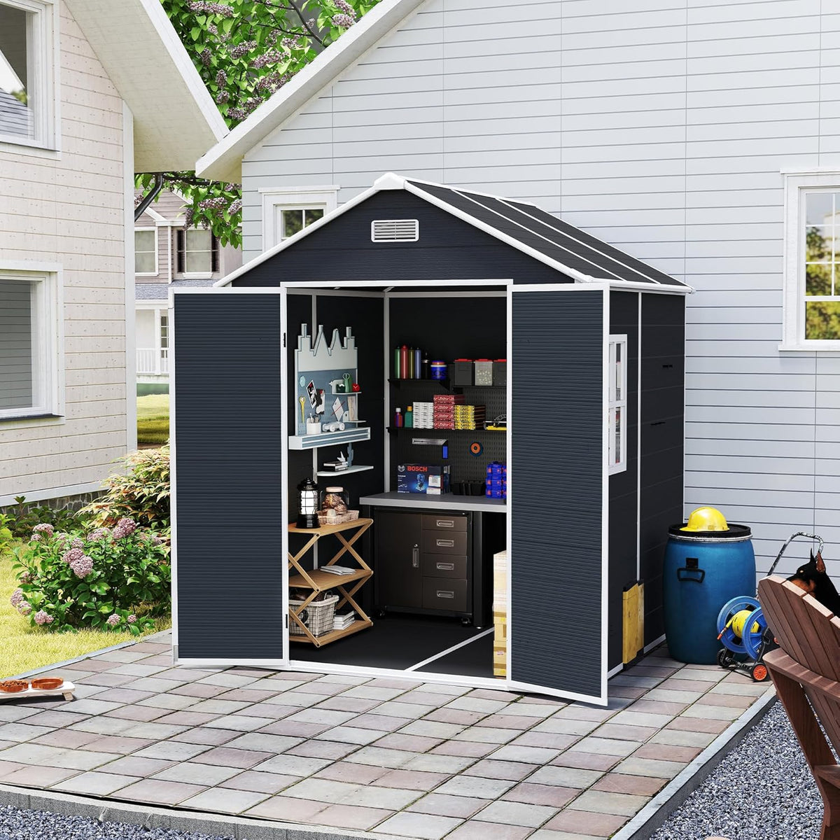 6x6 FT Outdoor Storage Resin Shed with Floor,Waterproof Plastic Garden Bike Shed with Lockable Door, Sloped Roof, Vents & Windows, Easy Assembly Tool Shed for Lawn, Backyard, Patio, Black