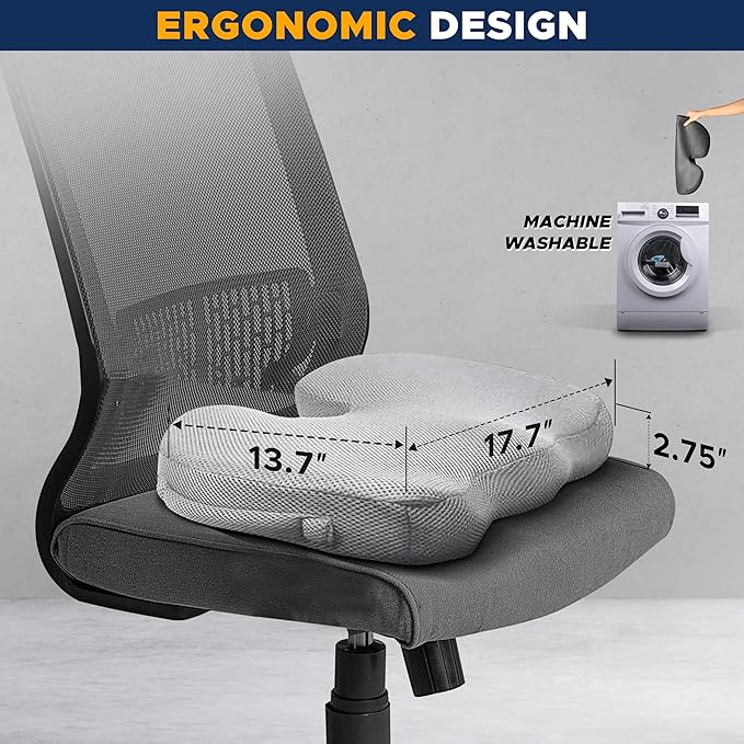 EcoNour Gel Seat Cushion for Tailbone Pain Relief | Computer Chair Cushion for Back Pain | Office Chair Gel Cushion for Coccyx | Ergonomic Anti-Slip Cushion for Sciatica & Lower Back Pain (Gray)