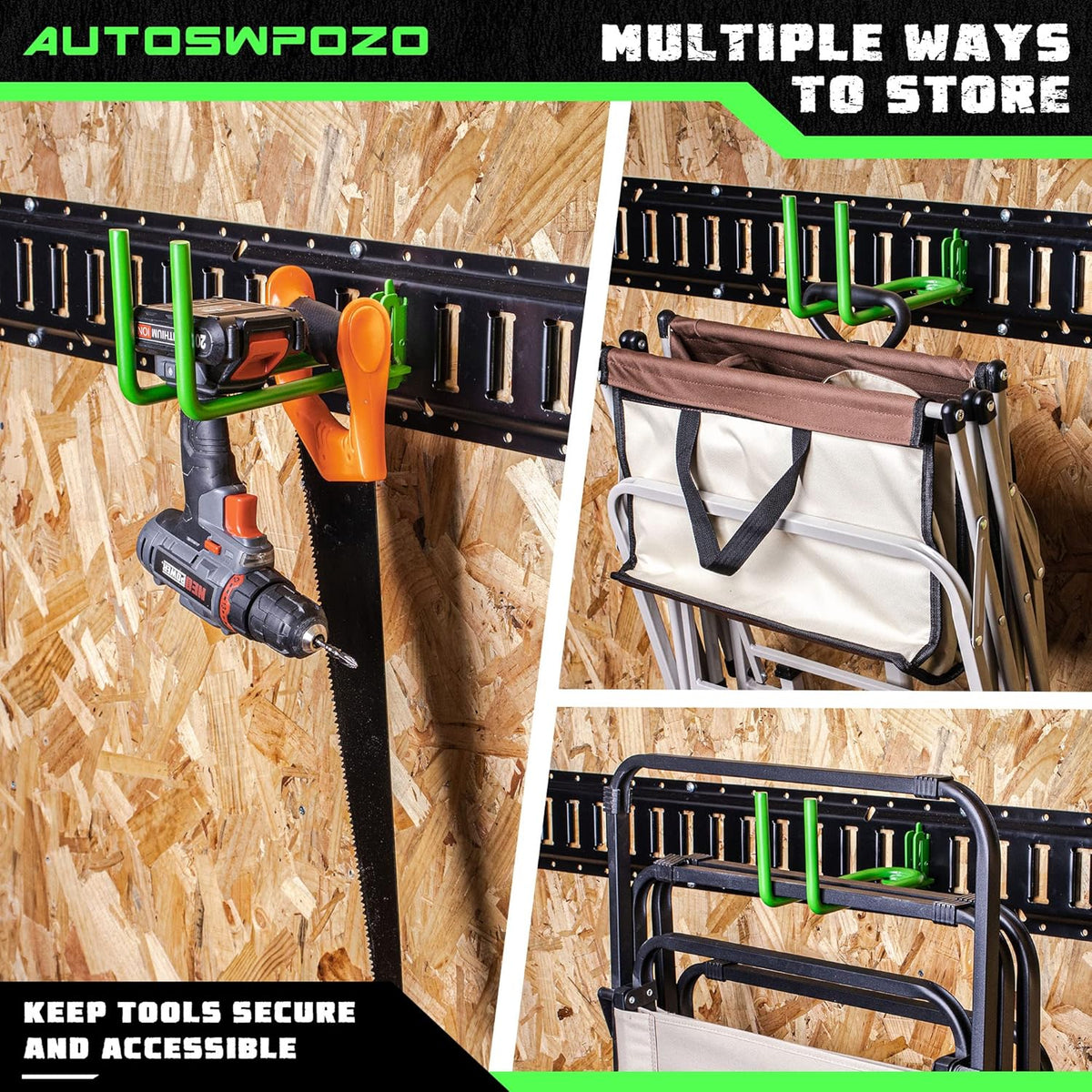 4-Pack E-Track Heavy Duty Shovel/Tool Hanger, E Track Hooks for Tools, Rakes, Spades in Trailers, Trucks, Workshop and Warehouse with E-Tracks, E Track Accessories Tool Holder (Green)