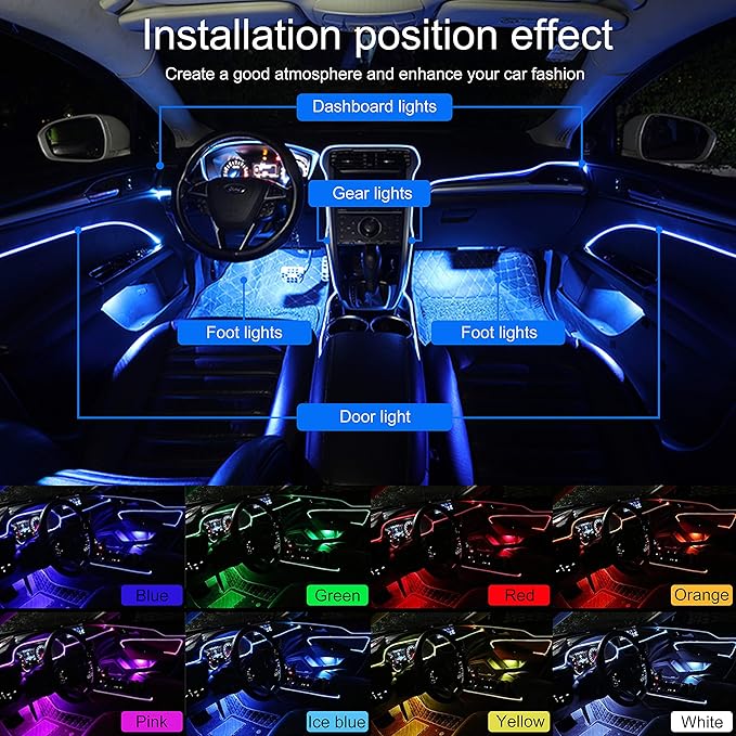 Car Interior Strip Lights, 6 in 1 Multicolor RGB Car Footwell Ambient Lighting Kit, 8m Fiber Optic EL Neon Tube Light, DIY Mode Music Sync RF Remote Control DC 12V
