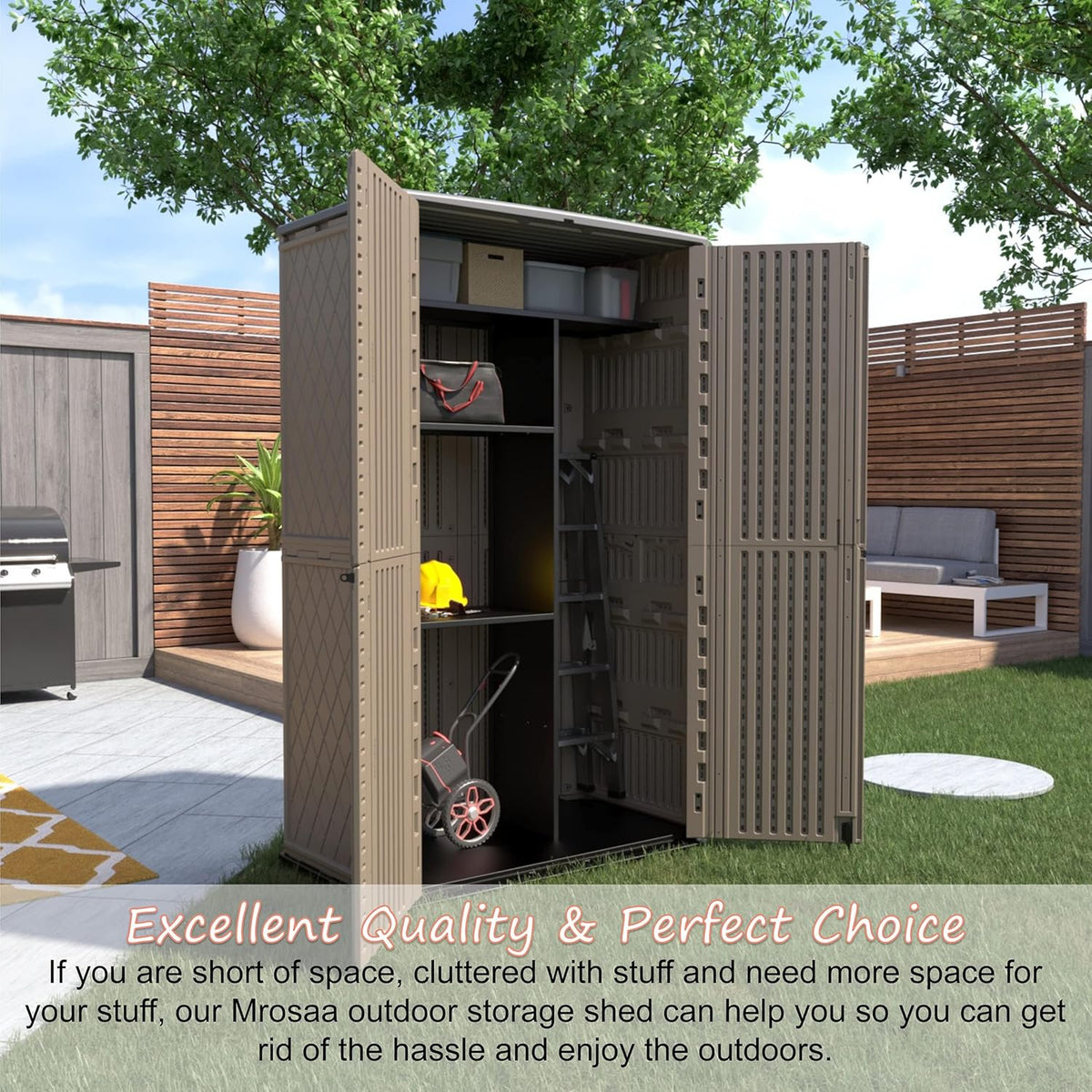 Sheds & Outdoor Storage, 52 Cu.ft Vertical Storage with Floor, Cabinet Waterproof for Garage Pool Bike Shed, Garden , Coffee Brown