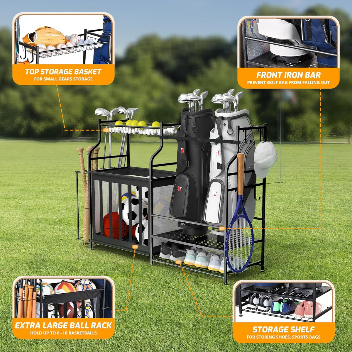 PLKOW Sports Equipment Organizer Rack, Garage Ball Rack, 2 Golf Bag Storage and Sports Gear Organizer for Garage