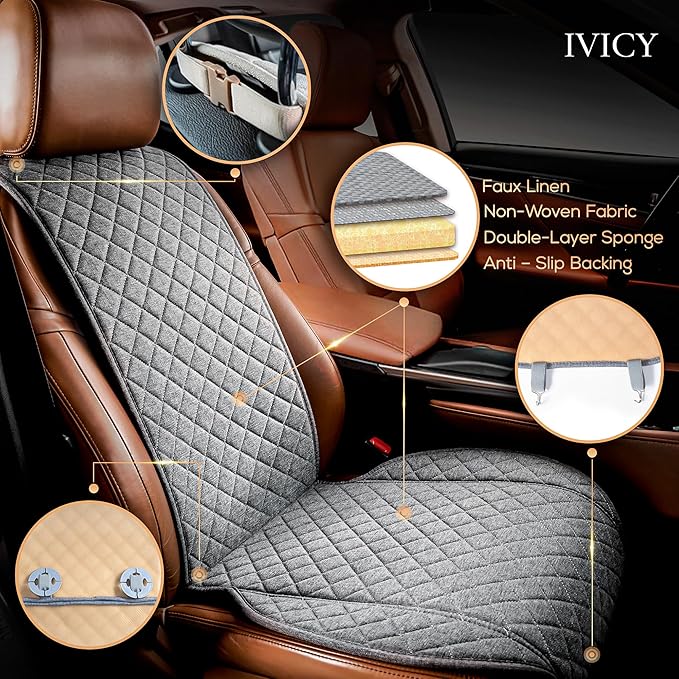 IVICY Faux Linen Front Car Seat Cover – Durable, Non-Slip Seat Protector for Cars – 1 Unit, Cool Gray