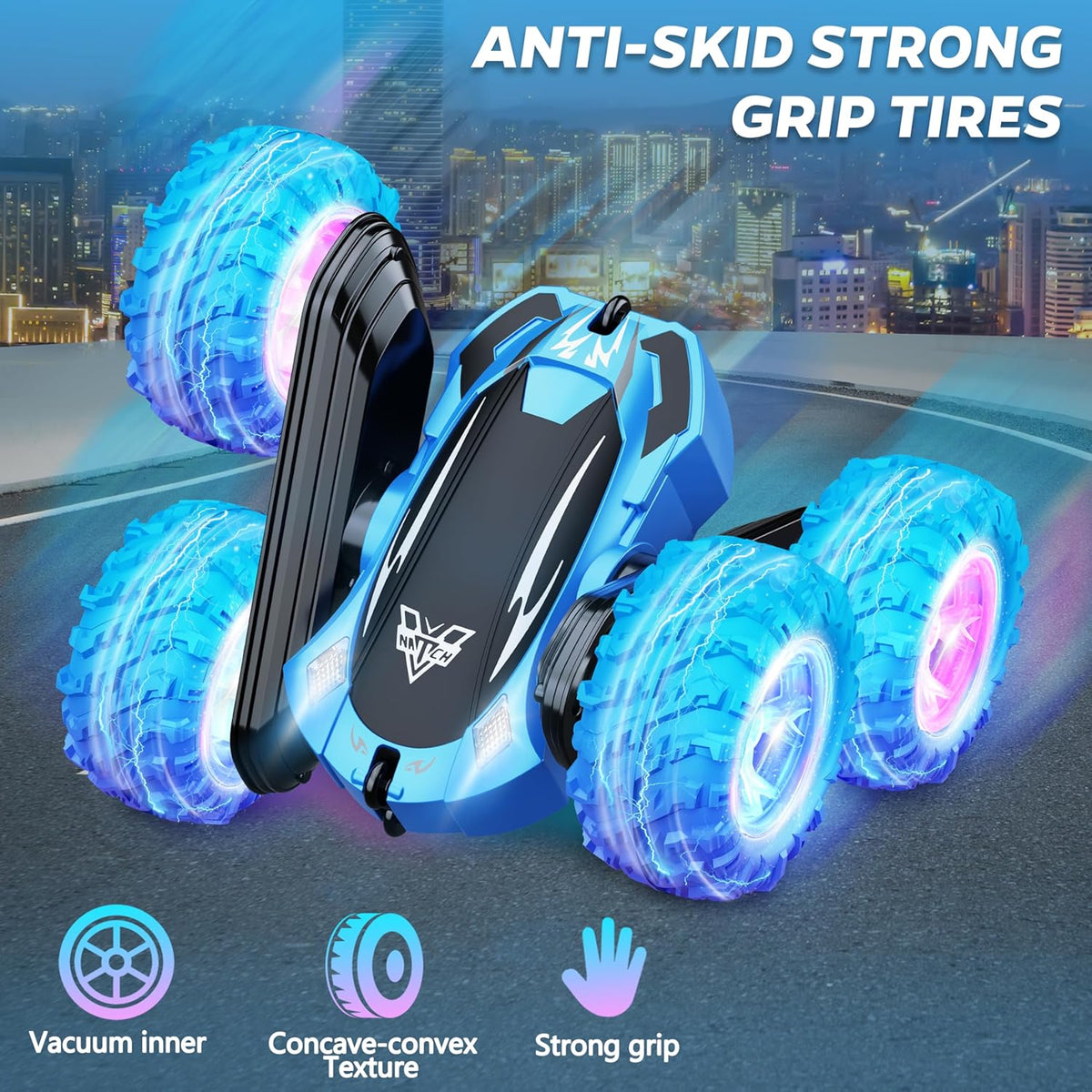 KKONES Remote Control Car, 2.4GHz Double Sided 360° Flips Rotating Electric Race RC Stunt Car, LED Wheel & Headlight High Speed Off Road Cars Toy Gift for 3 4 5 6 7 8-12 Year Old Boy Toys (Blue)