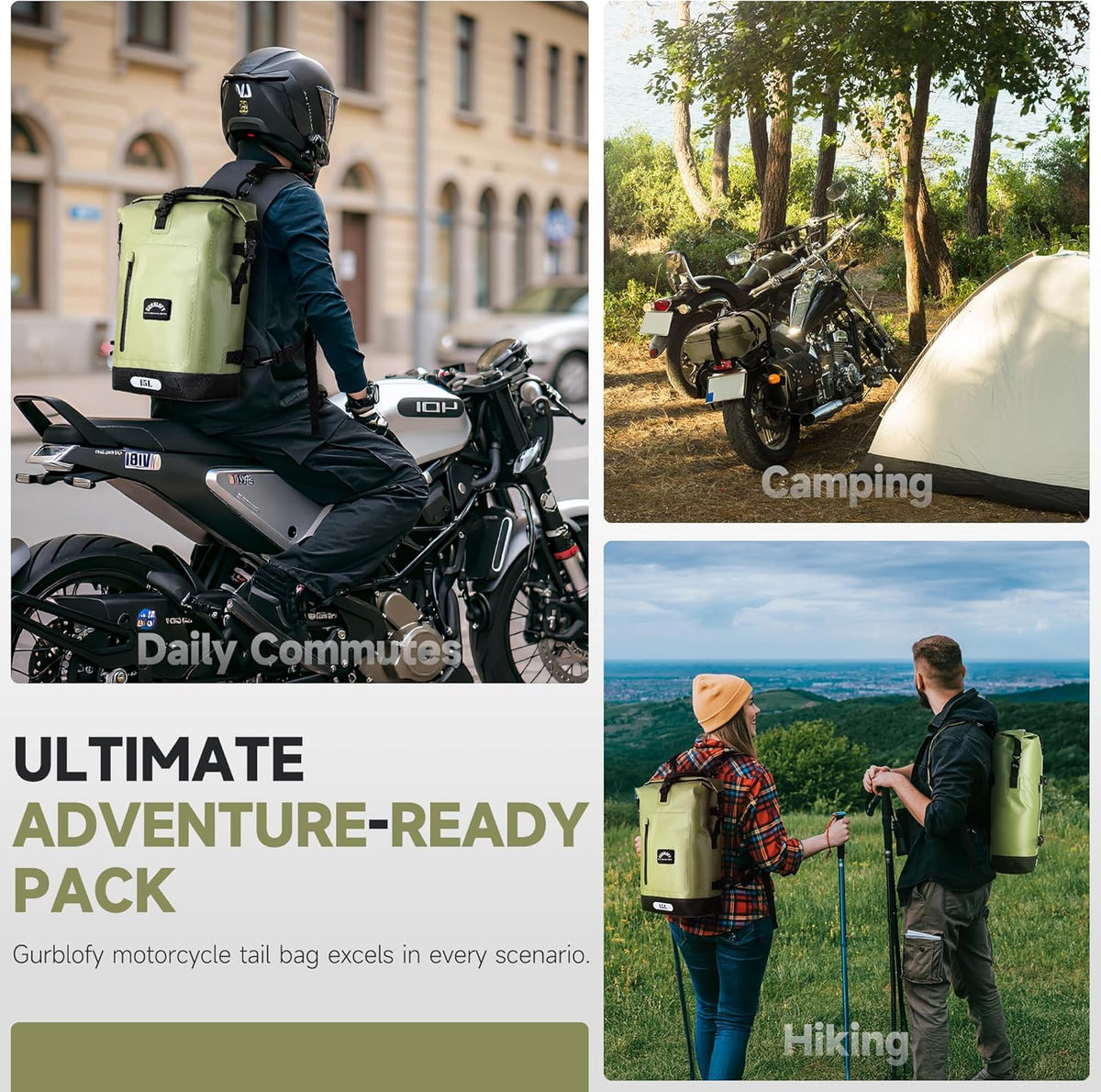 Motorcycle Saddle Bag, 15L Waterproof Motorcycle Tail Bag, 2 Size and 3 Color Options Travel Bag, PVC Bag, Rear Seat Bag, Backpack Field Green GT-15GN