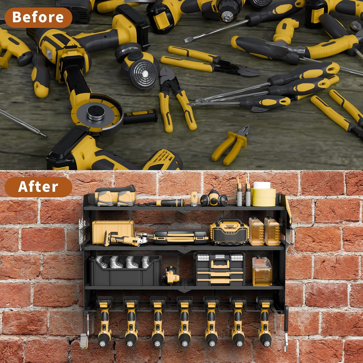 NINAT Heavy Duty 4-Tier Wall Mount Tool Organizer Rack - 7 Drill Holders, 150lb Capacity for Power Tools, Cordless Drills | Garage, Workshop, Shed & Basement Storage Solution