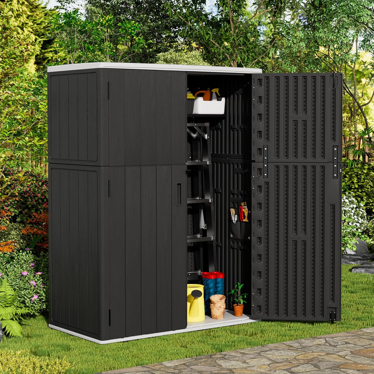 Vertical Outdoor Storage Cabinets, Plastic Sheds&Outdoor Storage with Floor,Outdoor Storage Box Waterproof/Lockable for Garage,Bike,Tools Storage Shed (57Cu.ft-Black White)