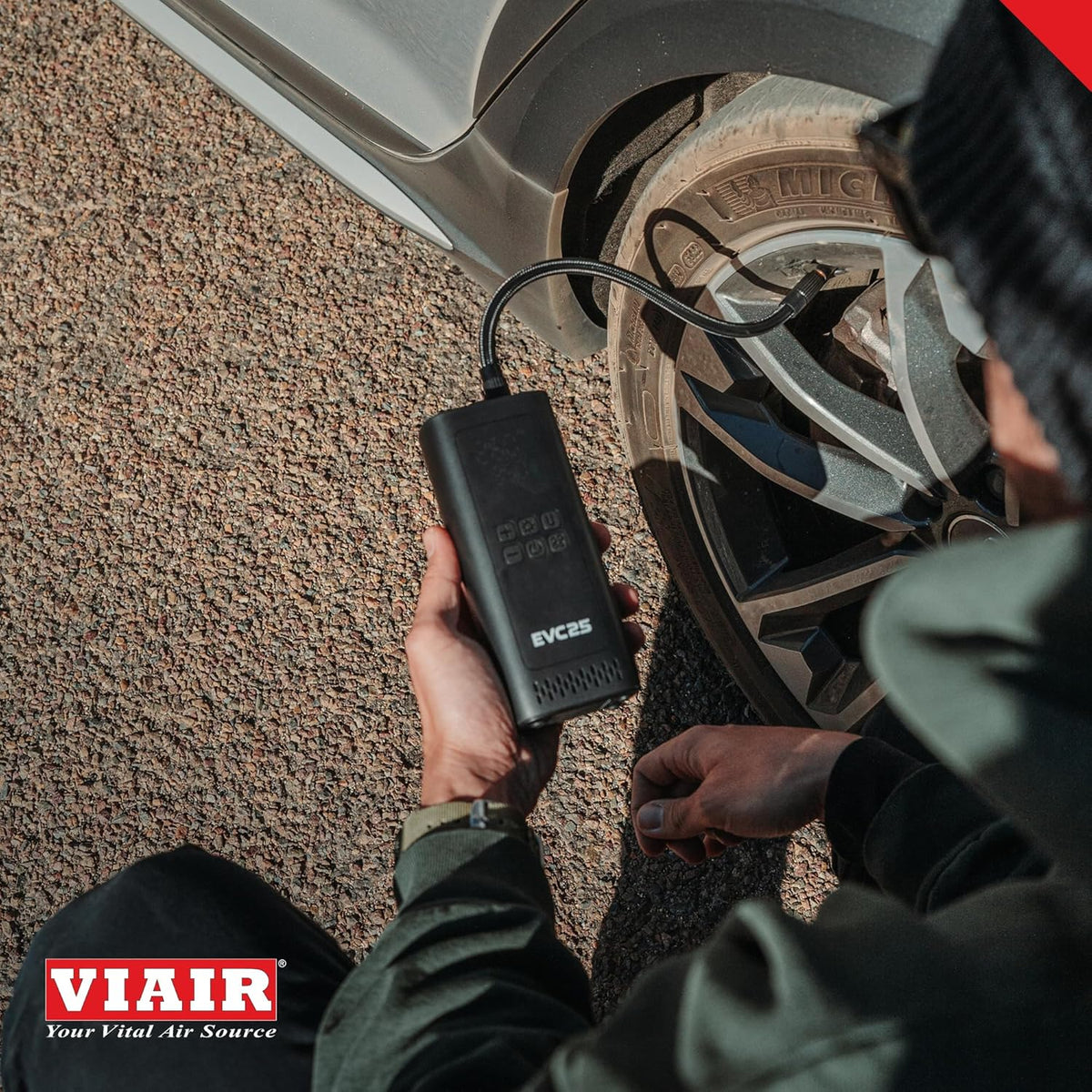 Viair Every Vehicle Carry EVC25 - rechargeable, portable compressor - LED gauge w/preset - Tire Inflator ideal for compact & mid-size cars, LT trucks, E-bikes, motorcycles & Inflatables