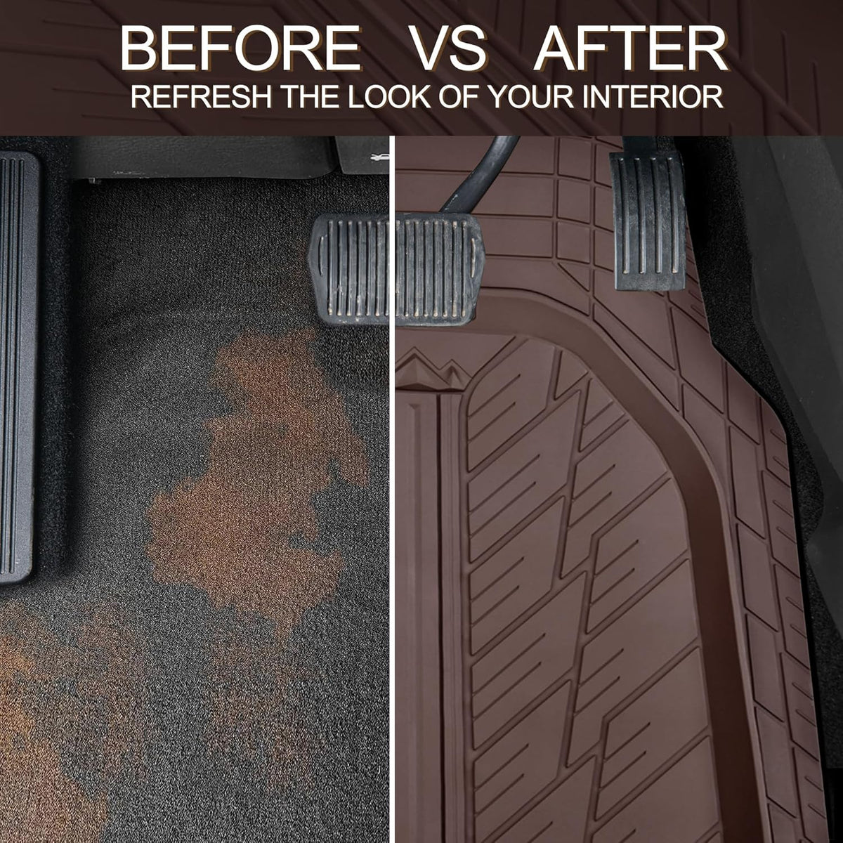 CAR PASS DeepDish Floor Mats for Cars Full Set,Heavy Duty Rubber Car Mats 3-Piece,Universal Waterproof Trim-to Fit Automotive Floor Mats for Truck Van SUV, Durable All-Weather Car Mats(Solid Browm)