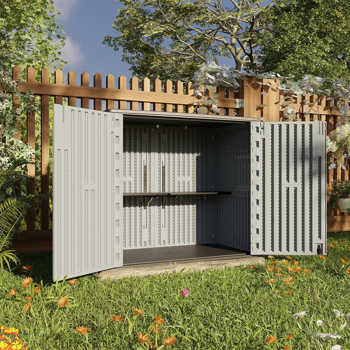 HOMSPARK 37 Cu.Ft Outdoor Storage Shed Weather Resistant, Resin Storage Sheds & Outdoor Storage Box for Backyard Garden Patio Lawn, Multi functional | Double-wall Shed with Lockable Doors,(Light Gray)