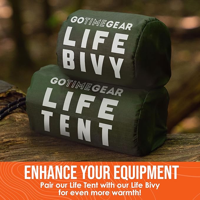 Go Time Gear Survival Life Tent • 2 Person Mylar Emergency Shelter Tube Tent + Paracord • All-Weather Protection for Camping, Hiking, & Survival Kits • Includes Emergency Whistle