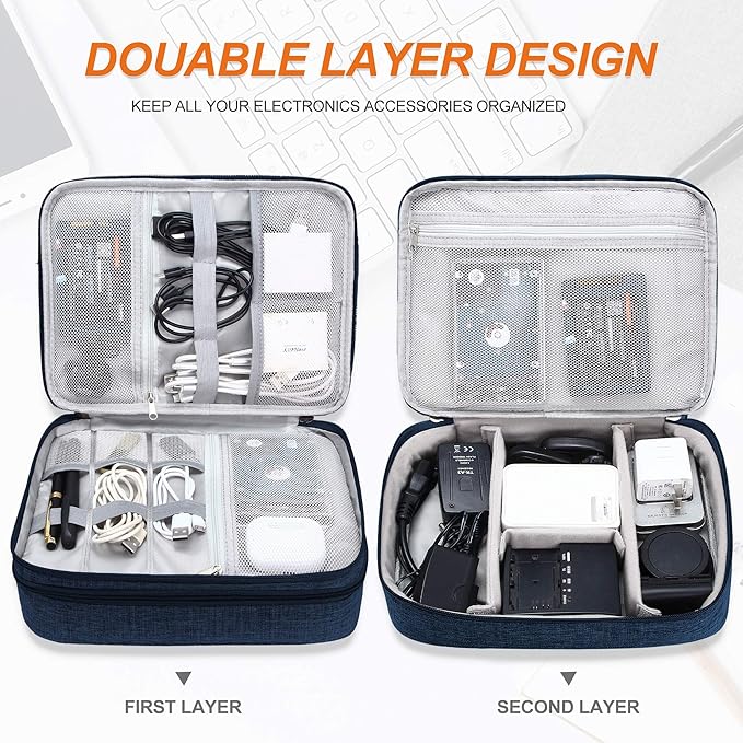 SELLYFELLY Electronic Bag Travel Cable Accessories Bag Waterproof Double Layer Electronics Organizer Portable Storage Case for Cable, Cord, Charger, Phone, Adapter, Power Bank, Kindle, Hard Drives