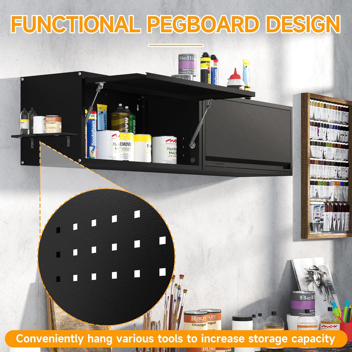 Metal Garage Wall Cabinet with Doors Side with Holes,Wall Mounted Metal Storage Cabinet with Up-Flip Door,Garage Storage Cabinet for Garage, Basement, Kitchen, Warehouse,Office, Bathroom-Black