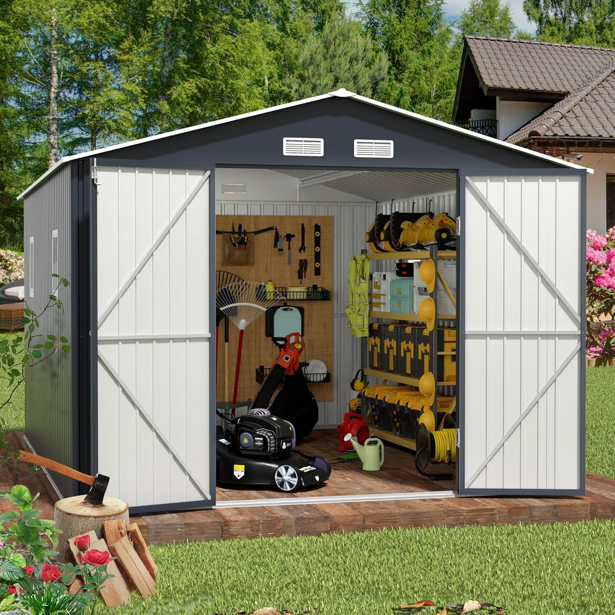 Breezz Outdoor Storage Shed 10 x 12 ft. Utility Tool Shed Metal Storage Garden Shed with Lockable Doors, Windows & Metal Frame Floor for Patio Storage, Nightblue