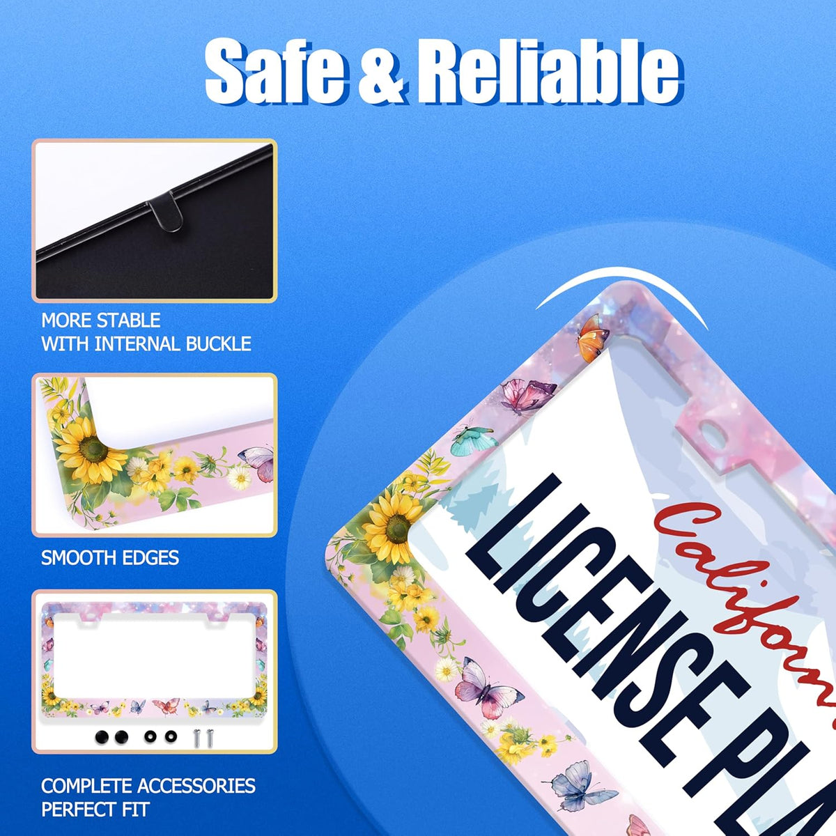 Beautiful Butterfly Sunflower License Plate Frame Yellow Floral License Plate Stainless Steel Funny License Plate Holder for Men Women Colorful Car Accessories Decoration 12.3" x 6.3"