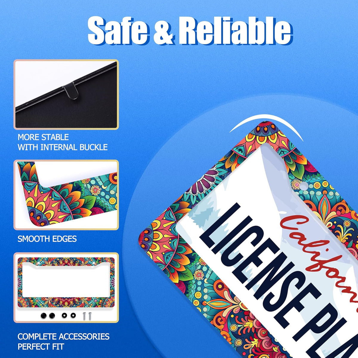 Boho License Plate Frame Beautiful Mandala Flowers License Plate Stainless Steel Funny License Plate Holder Hippie Car Accessories Decoration with 2 Screws Fits Standard Vehicles Size 12.3" x 6.3"