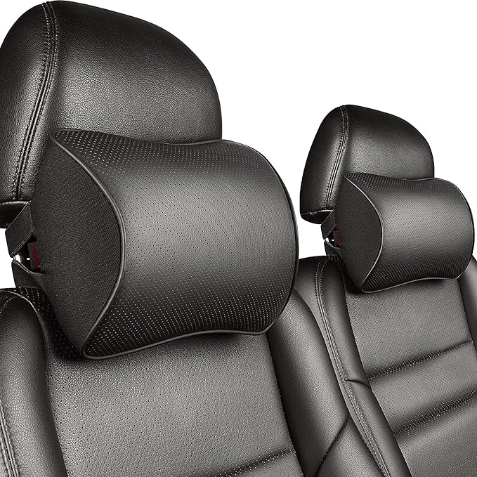 Aukee Car Headrest Pillow with Genuine Leather Cover Memory Foam Neck Cushion with 4 Extension Straps Adjuatable and Comfortable for Driving Home Office Black (Pack of 2)