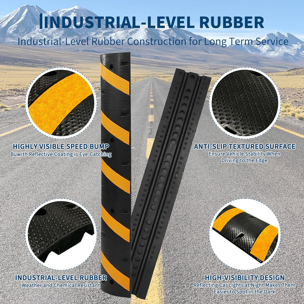 6FT Speed Bumps Wite End for Road, Heavy-Duty 25,000 Lbs Capacity Traffic Rubber Speed Humps with 2 Channel Floor Cord Cover for Asphalt Concrete Gravel Driveway Road