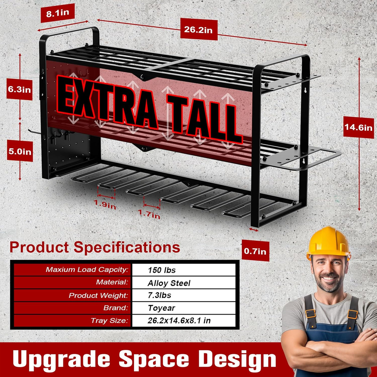 Power Tool Organizer Wall Mount - Pegboard with 7 Drill Holder - Heavy Duty Metal Tool Shelf for Garage Organization