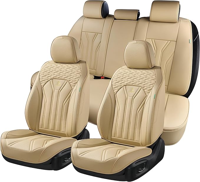 FLORICH Leather Seat Covers, Seat Covers Full Set, Car Seat Protectors 5 Seats, Automotive Seat Covers Fit for Most Cars Trucks-Beige
