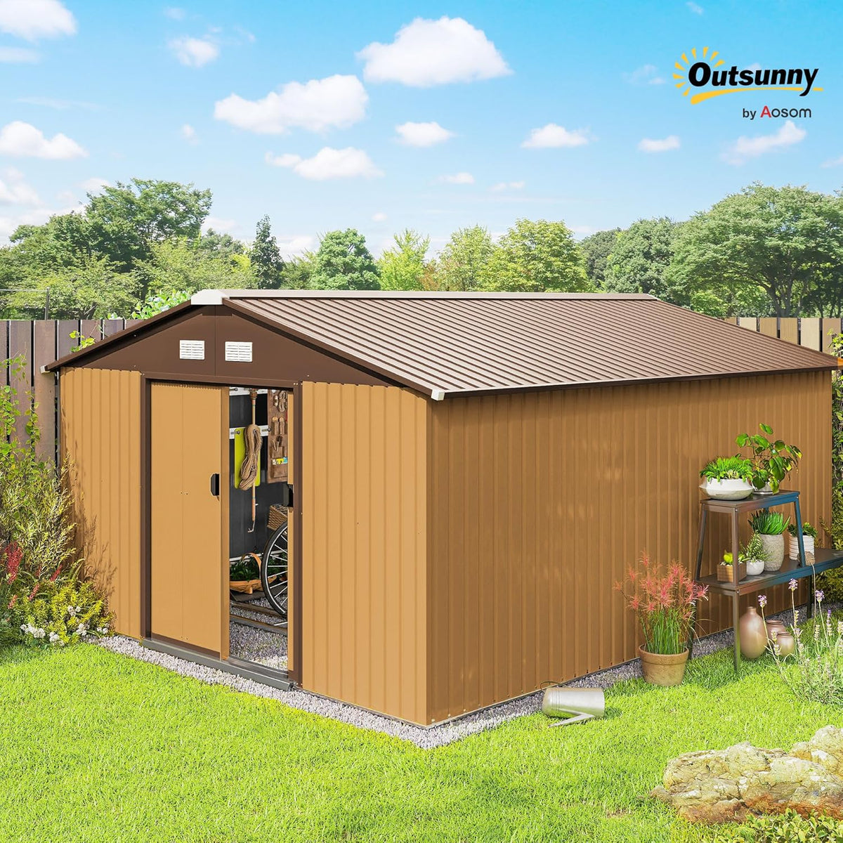 Outsunny 11' x 13' Outdoor Storage Shed, Garden Tool Metal Shed with Foundation Kit, Double Lockable Door, Air Vents and Sloping Roof, for Backyard, Patio, Lawn, Yellow