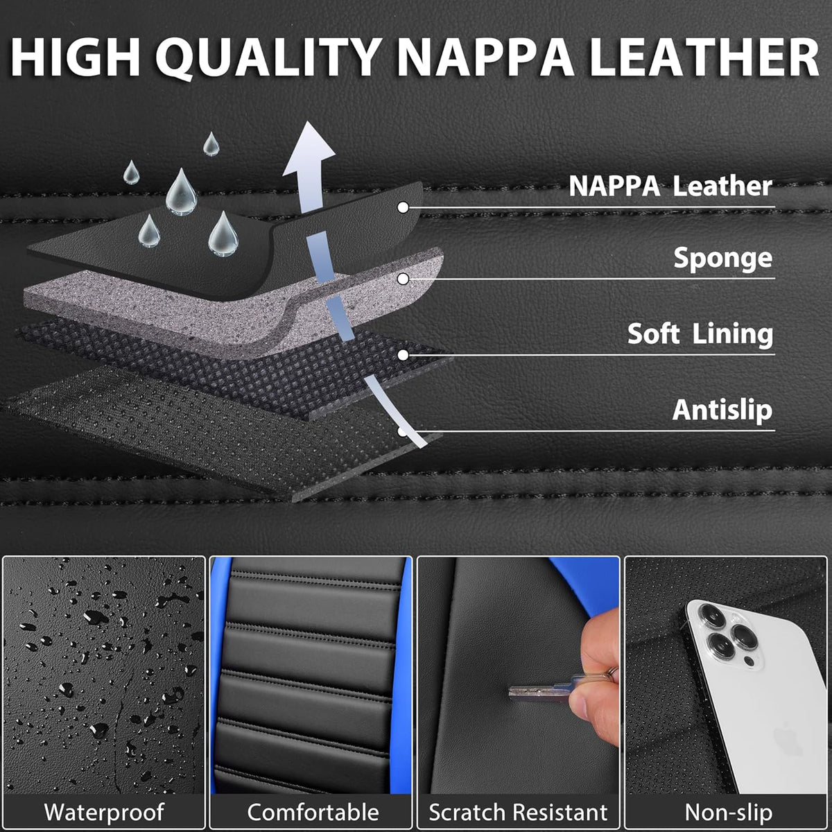 CAR PASS Nappa Leather Car Seat Covers Front Seats, Luxury Seat Protector for Cars, Waterproof Anti-Slip Seat Cushion Armrest Compatible Airbag Universal for Sedan SUV Pick-up Truck Auto, Black Blue