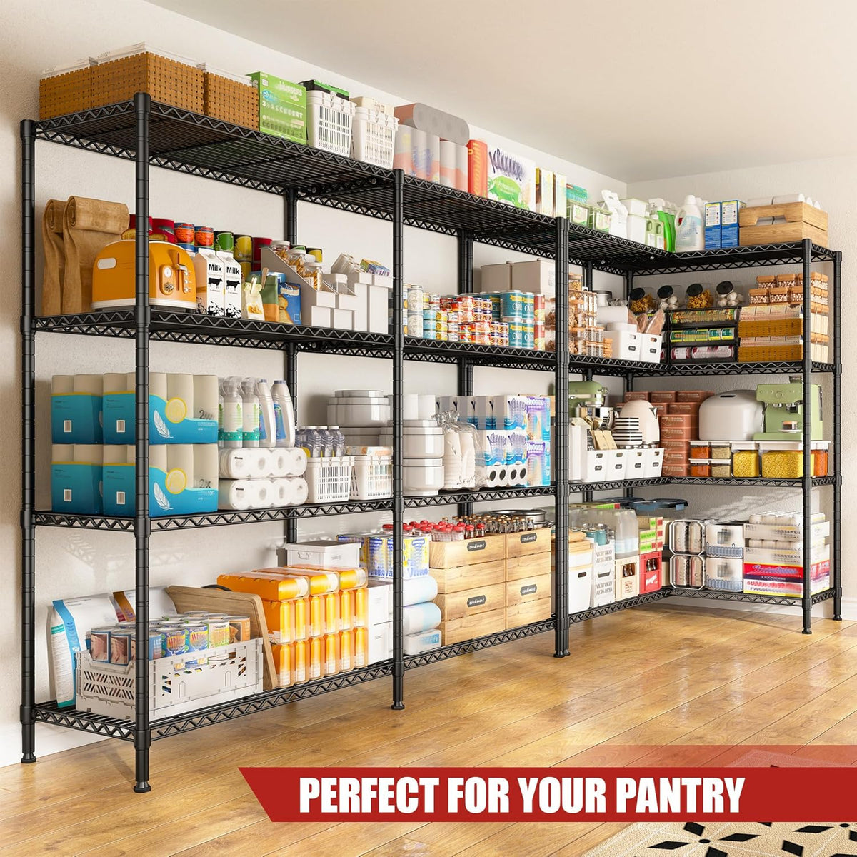 REIBII 61.7''W Storage Shelves Load 1220LBS Wire Shelving Unit 4 Tier Metal Shelving for Storage Rack Shelves Heavy Duty Garage Shelf Pantry Shelves Kitchen Shelving, 61.7" W*62.9" H*15.8" D, Black