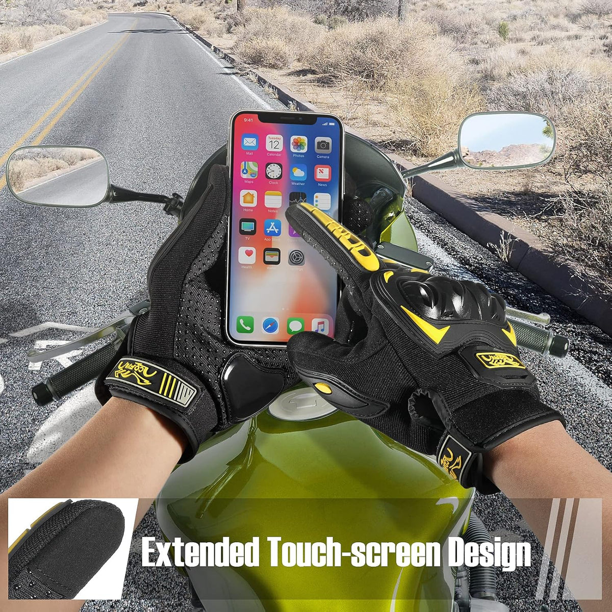 COFIT Motorcycle Gloves Breathable, Touchscreen Motorbike Gloves Anti-Slip with Good Grip Hard Knuckles Protection for Men Women Motocross, BMX ATV MTB Cycling, Road Racing - Yellow L