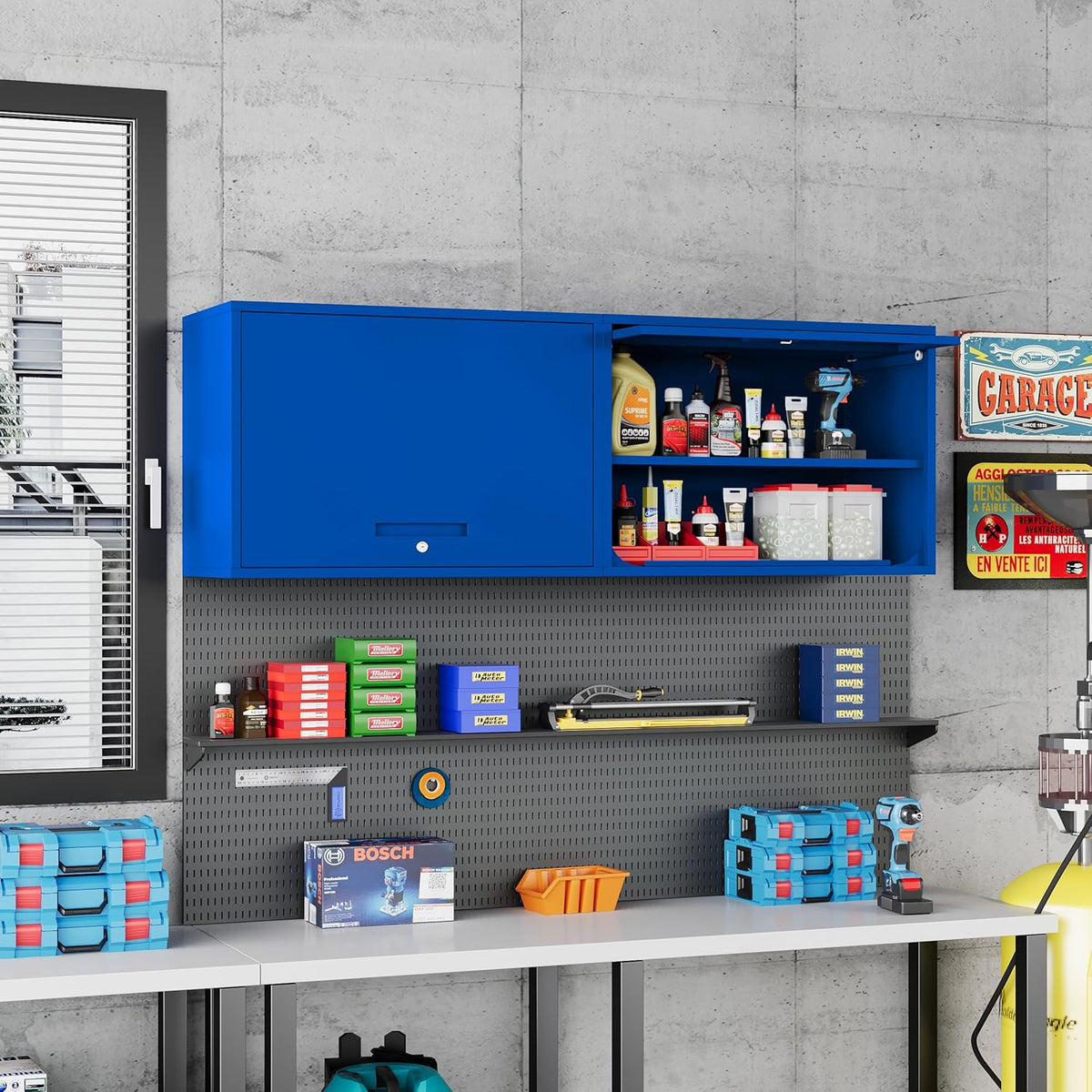 Metal Storage Cabinet Blue Wall Cabinets with Shelf and Locking Door - Wall Mounted Storage Cabinet for Garage Warehouse Home Office - Assembly Required