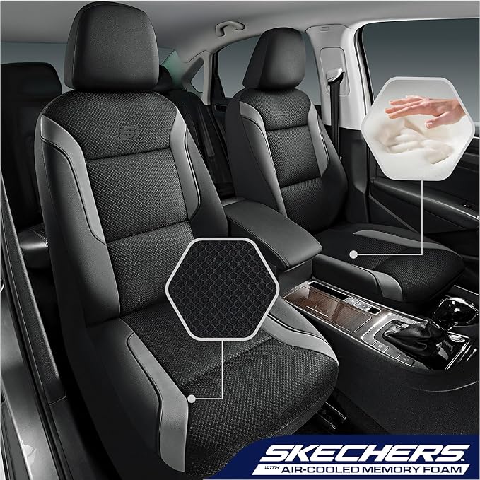 Skechers Memory Foam Car Seat Covers, Air Cool Mesh Thick Seat Covers, Gray Two Front Car Seat Protector, Airbag Compatible, Automotive Comfort & Protection for Most Cars, Van,Trucks, SUV,Grey