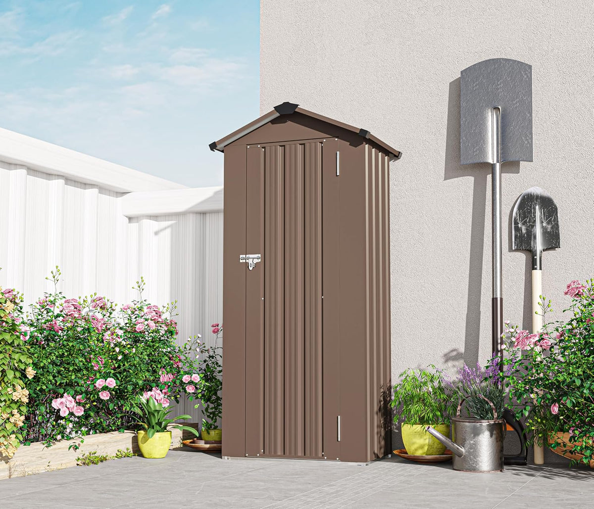 2.5x1.4 FT Outdoor Storage Shed, Small Metal Garden Shed with Adjustable Shelves, Mini Outside Tool Sheds with Lockable Hinged Door, Waterproof Outdoor Storage Cabinet for Backyard, Patio, Lawn, Brown