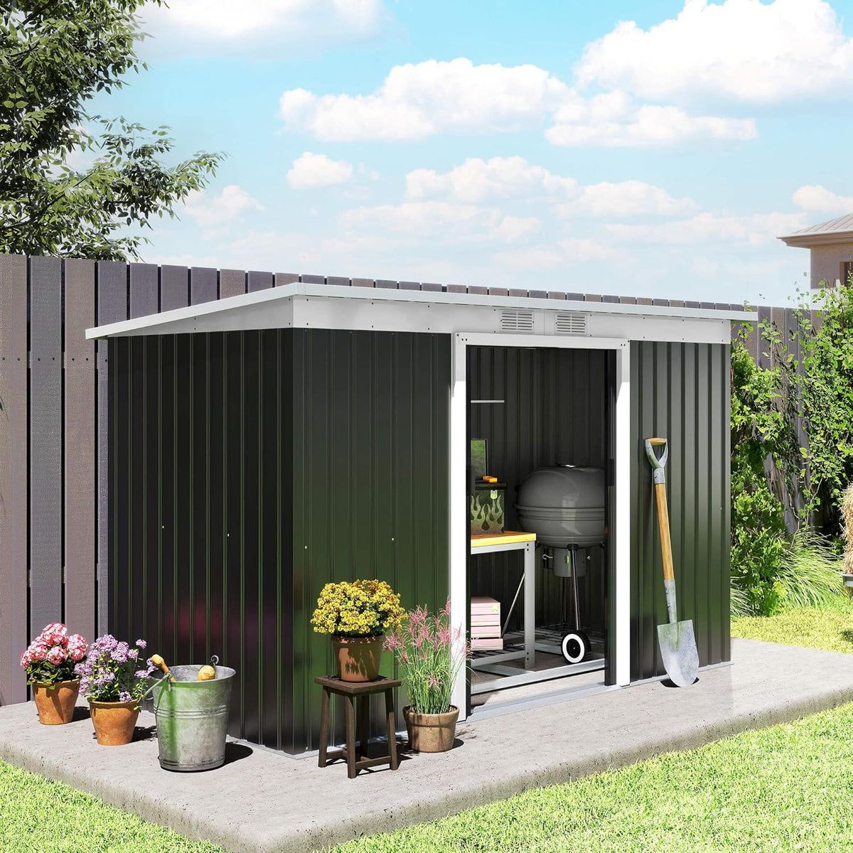 Outsunny 9' x 4' Outdoor Storage Shed, Metal Garden Tool House with Sloping Roof and Lockable Door for Backyard, Bike, Patio, Garage, Lawn, Gray
