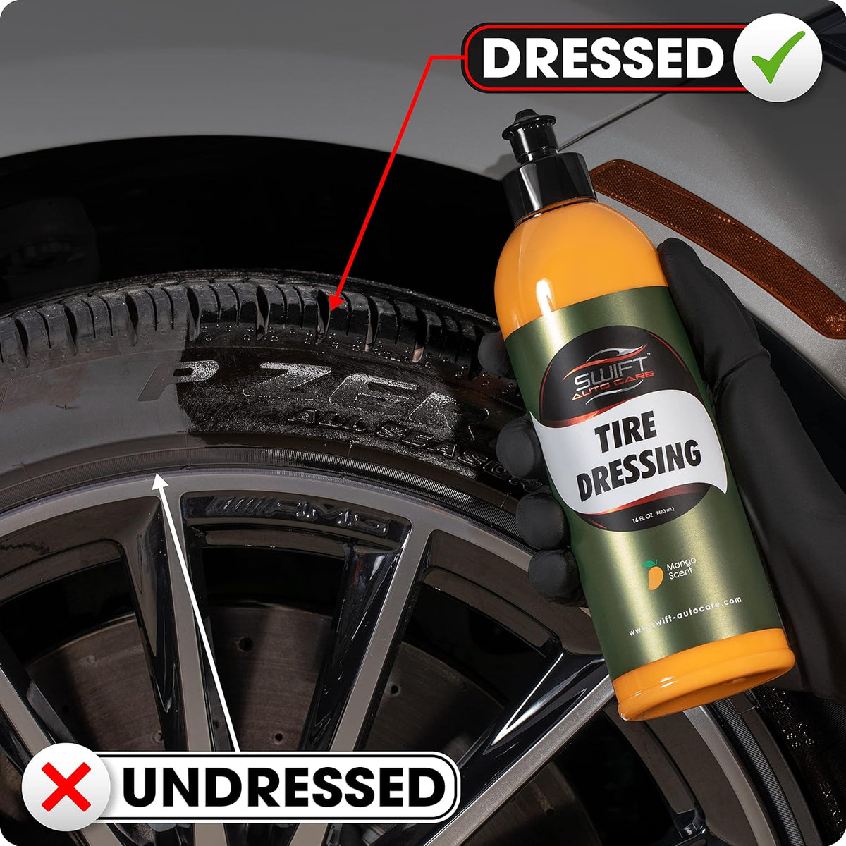 Swift Tire Dressing Combo w/Tire Applicator (16 Oz) – Long Lasting High-Gloss Tire Shine Gel w/No Sling | Restores Rubber, Plastic & Vinyl | Water-Based w/UV Protection | Fast Cure Time!