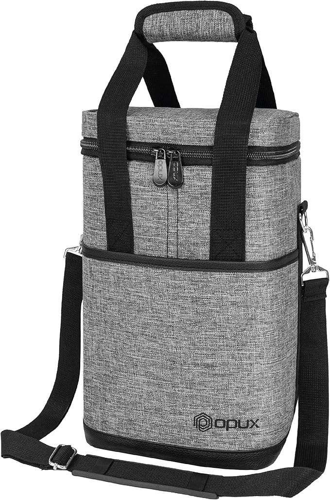 Opux 4 Bottle Insulated Wine Cooler Bag - Leakproof Padded Portable Wine Bottle Tote for Travel Picnic BYOB - Heather Gray