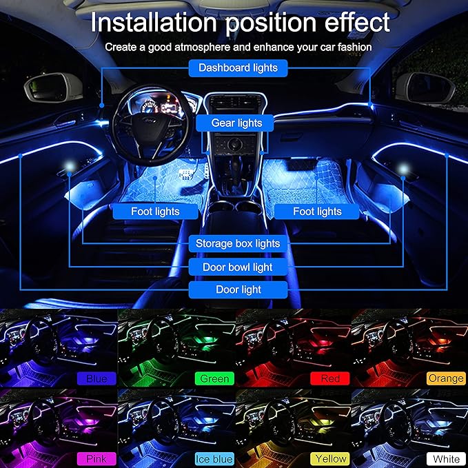 Car Interior Ambient Lighting Optic Fiber RGB 64 Colors Multicoloured Music Car Footwell Lighting Kit with Cigarette Lighter and App Microphone, DC 12V-24V 1W 8m