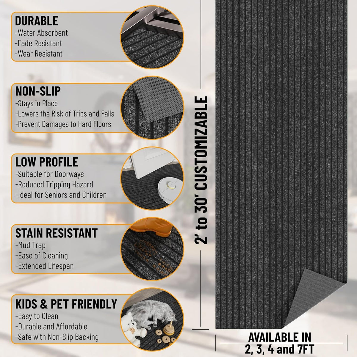 Ottomanson 2' x 52' Hallway Runner with Scraper Pile Extra Durable Non-Slip Rug Mat for Indoor & Outdoor Use - Ideal for Kitchen, Entryway, Patio & Garage - High-Traffic Carpet, Black