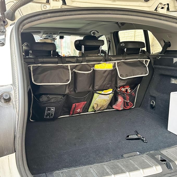 Car Back Seat Trunk Organizer Hanging Bag, Car Interior Organizer Accessories with 4 Pockets and 4 Mesh Pouches,Save More Storage Trunk Space for SUV,Jeep,MPV