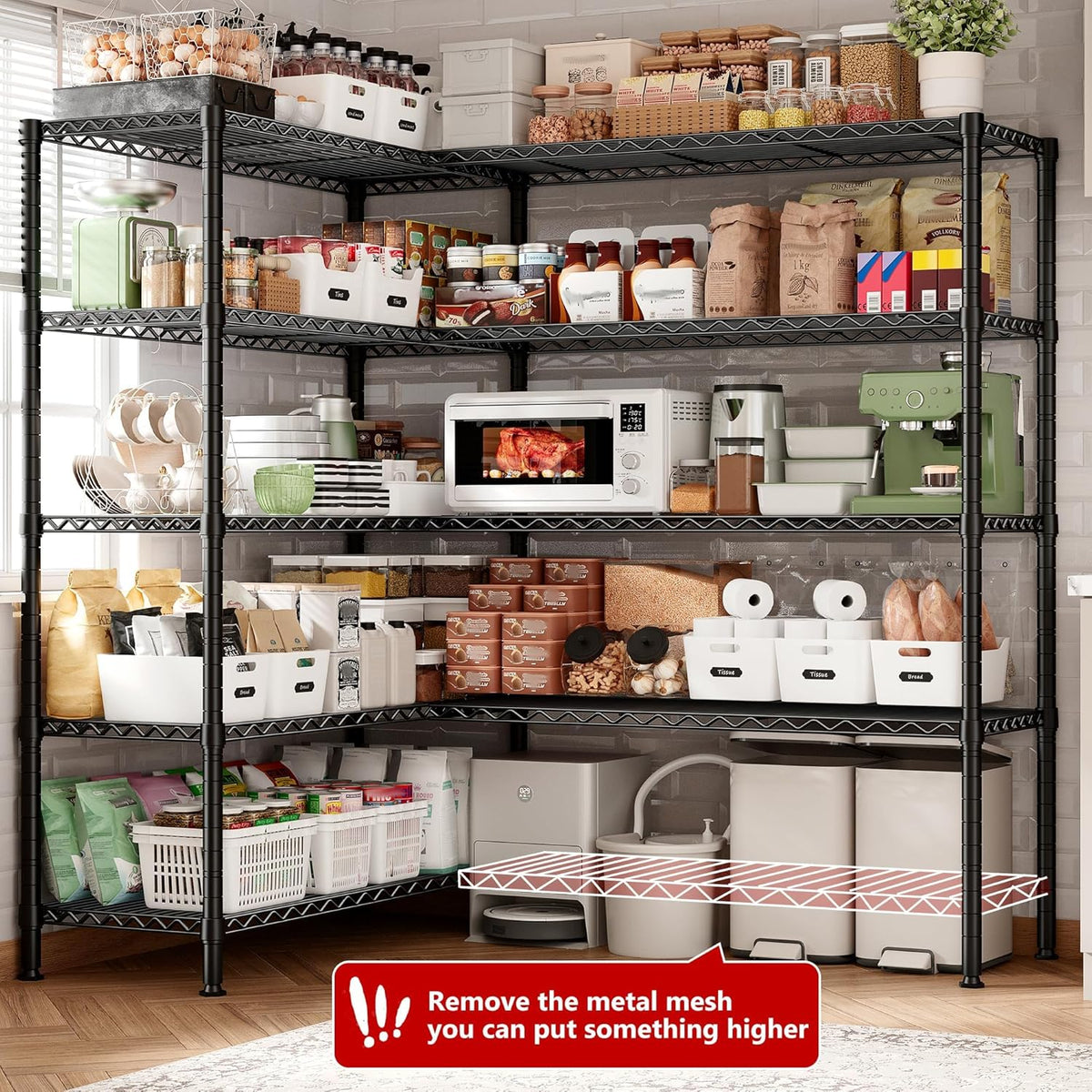 REIBII 72.8" W Storage Shelves Load 1600LBS, 5 Tier Metal Shelving Unit Wire Shelving for Storage Rack Heavy Duty Metal Shelves for Garage Pantry Kitchen, 17.7" D x 72.8" W x 70.9" H
