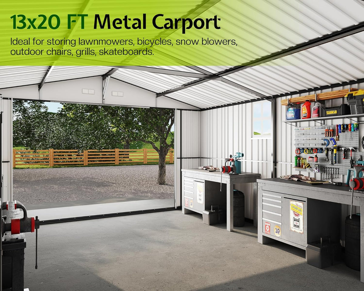 Jocisland 13.2x20.7x8.4 FT Heavy Duty Carport, Metal carport with 2 Lockable Doors & 4 Windows, Carport Canopy for for Car, Truck, Garbage Can, Tool, Lawnmower, Grey