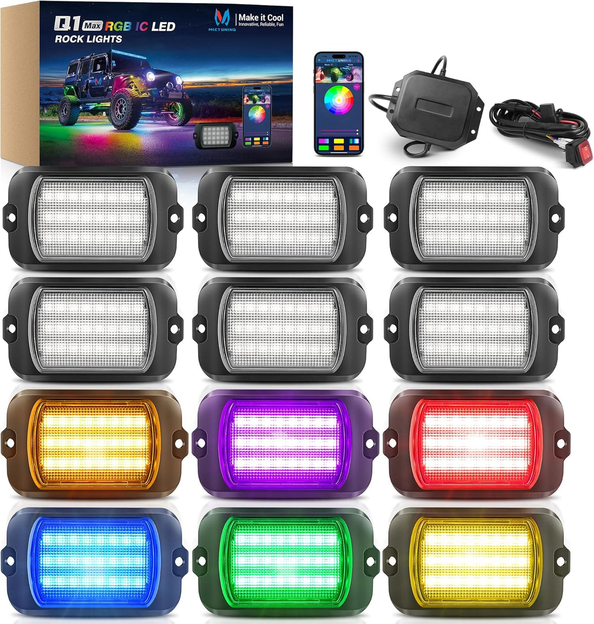 MICTUNING 2025 1000% Bright Q1 MAX RGB+IC Rock Lights, 12 Pods Chasing Dreamcolor Extensible Underglow Multicolor Neon Light Underbody Lighting Kit with APP Control for Truck ATV UTV Boat