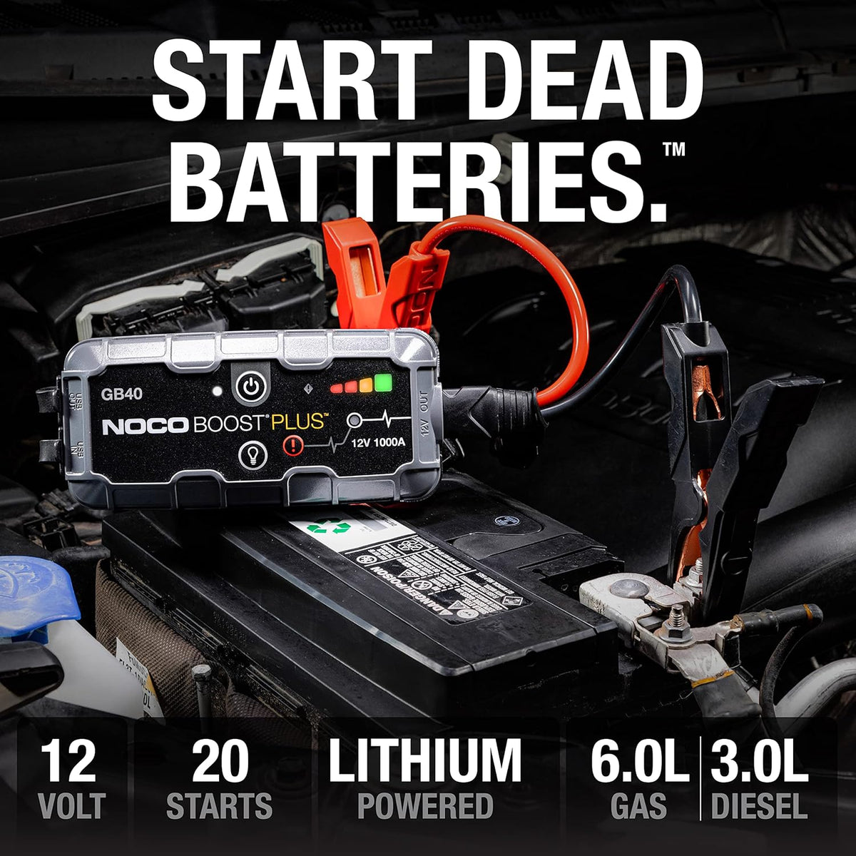 NOCO Boost GB40: 1000A UltraSafe Jump Starter – 12V Lithium Battery Booster Pack, Portable Jump Box, Power Bank & Jumper Cables - for 6.0L Gas and 3.0L Diesel Engines