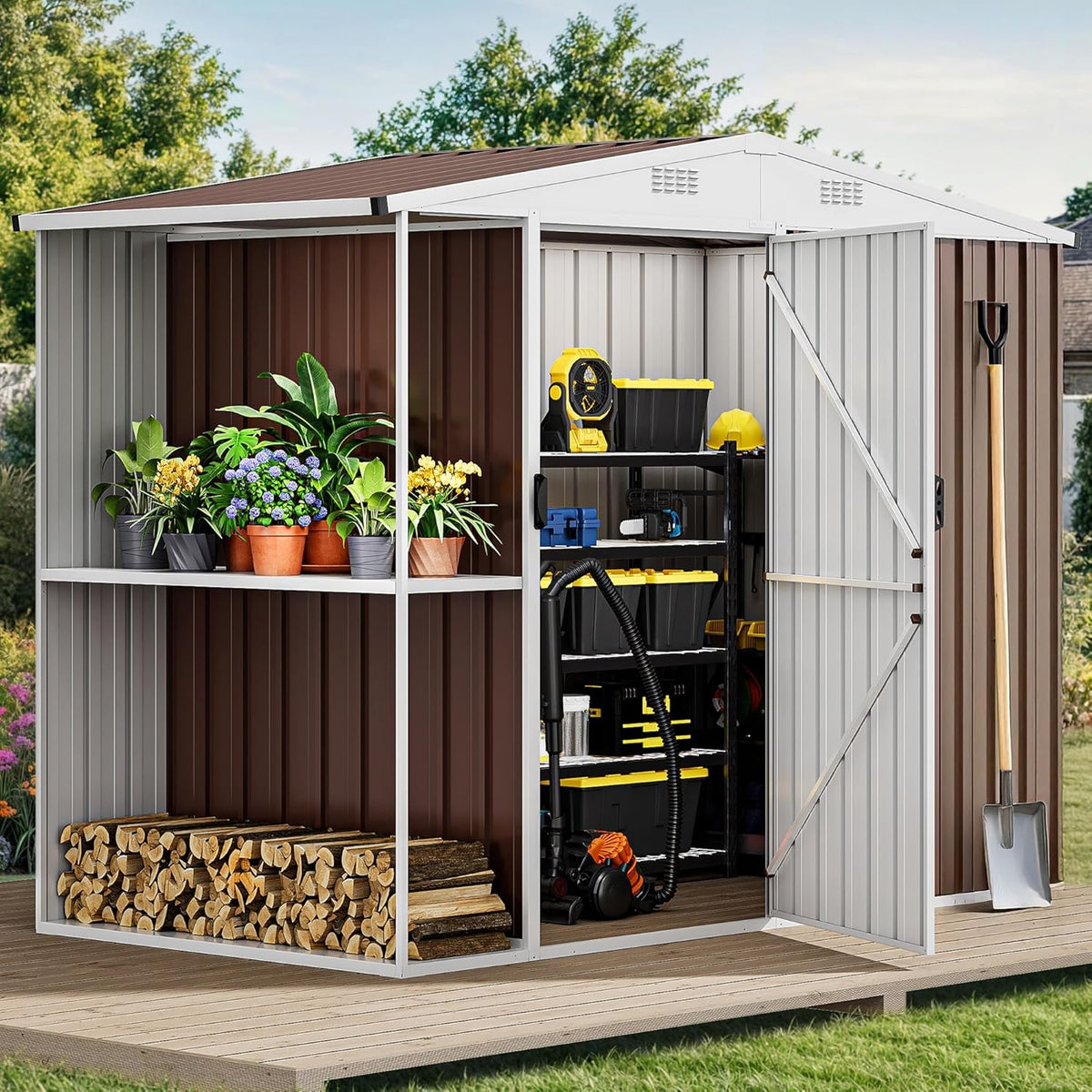 DWVO 8 x 4 ft Outdoor Storage Shed with 2-Tier Shelf, Metal Tool Shed & Garden Storage Cabinet for Backyard, Patio, Equipment & Bike, Brown