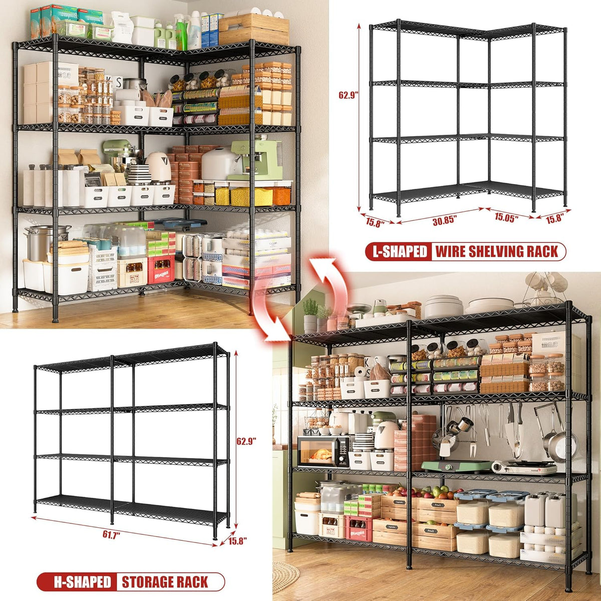 REIBII 61.7''W Storage Shelves Load 1220LBS Wire Shelving Unit 4 Tier Metal Shelving for Storage Rack Shelves Heavy Duty Garage Shelf Pantry Shelves Kitchen Shelving, 61.7" W*62.9" H*15.8" D, Black