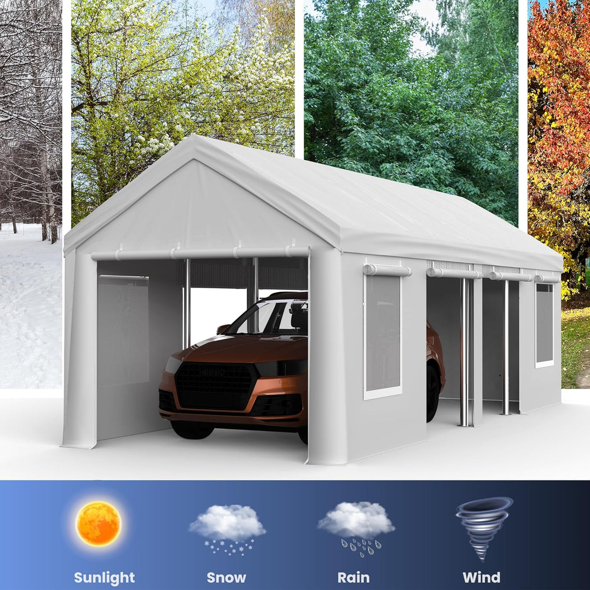 13x25ft Carport, Heavy Duty Carport with Reinforced Steel Poles, Upgraded Portable Garage with Doors & Window, UV Resistant All-Season Waterproof Tarp, for Car, Truck, Boat(White)