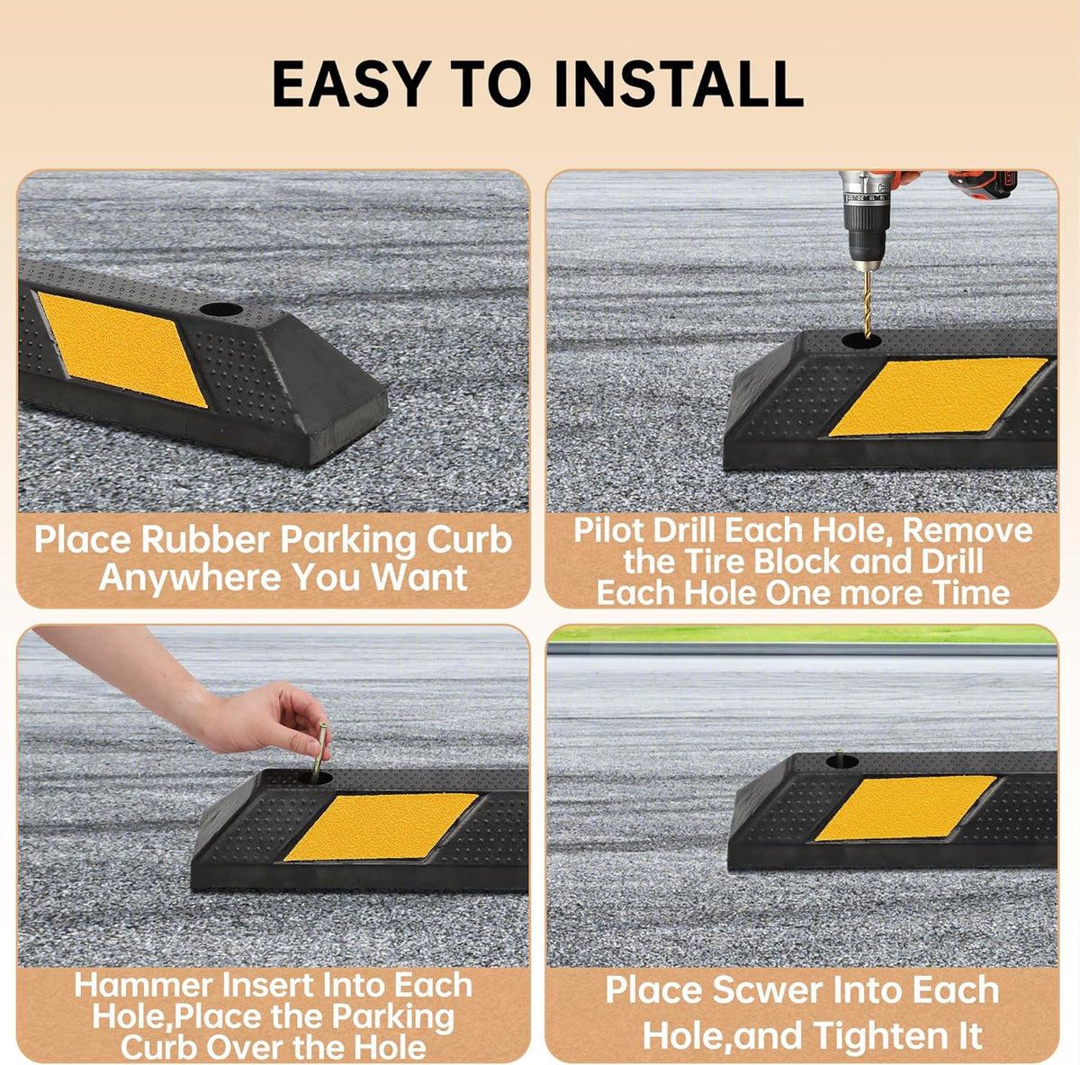 2-Pack 72" Rubber Parking Curb, Heavy Duty Long Garage Floor Wheel Stopper with Highly Visible Yellow Reflective Stripes, Car Parking Bumpers for Truck, RV, Trailer
