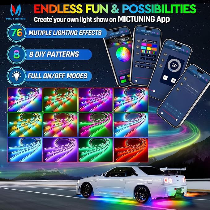 MICTUNING N3 Car Underglow Light Strip Kit, Chasing Dream RGB+IC LED, Exterior Lighting Accessories Underbody Multicolor Neon Accent Light Bar, App Control, IP68 Waterproof, 4PCS 2 Years Warranty