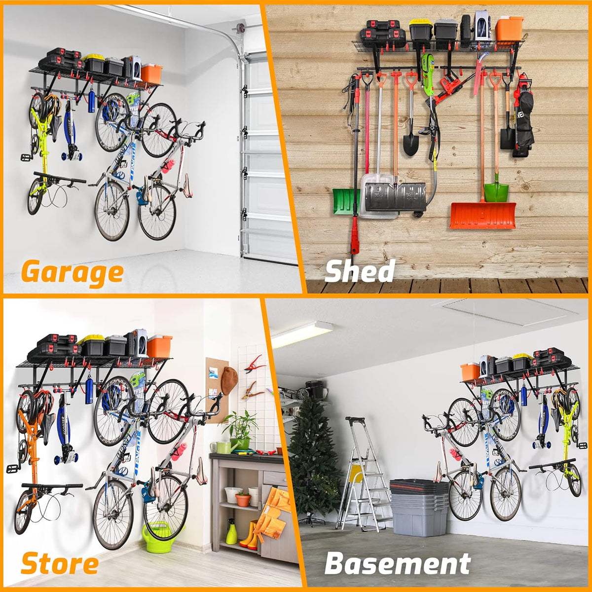 PLKOW Garage Wall Shelving Includes Bike Hooks, Sturdy Adjustable Garage Shelving Wall Mount Garage/Organizer (Black, 2-Pack)