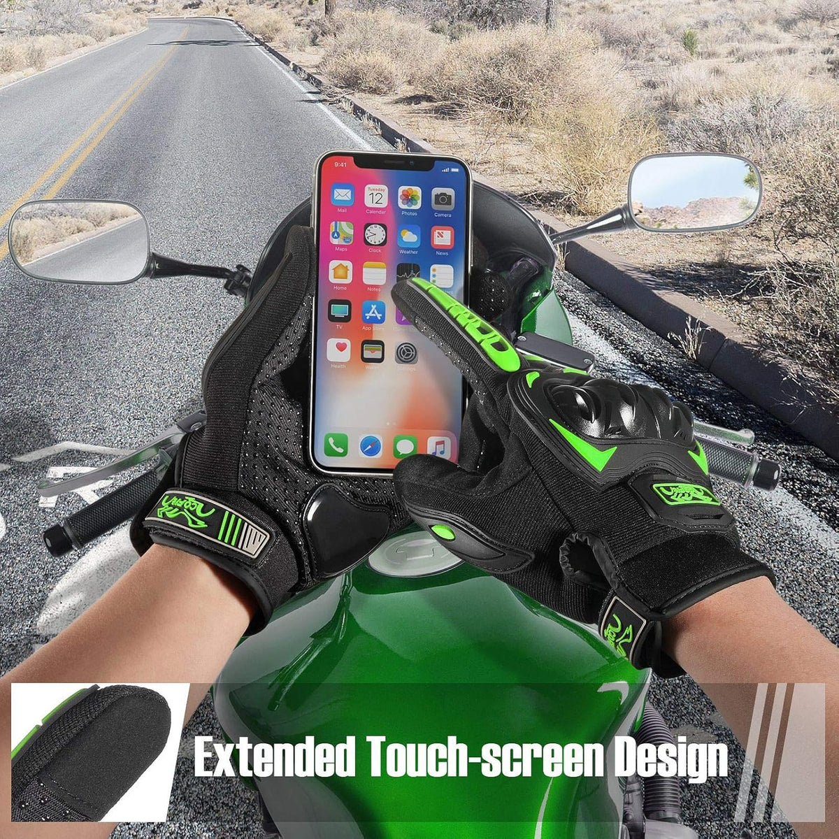 COFIT Motorcycle Gloves Breathable, Touchscreen Motorbike Gloves Anti-Slip with Good Grip Hard Knuckles Protection for Men Women Motocross, BMX ATV MTB Cycling, Road Racing - Green XL
