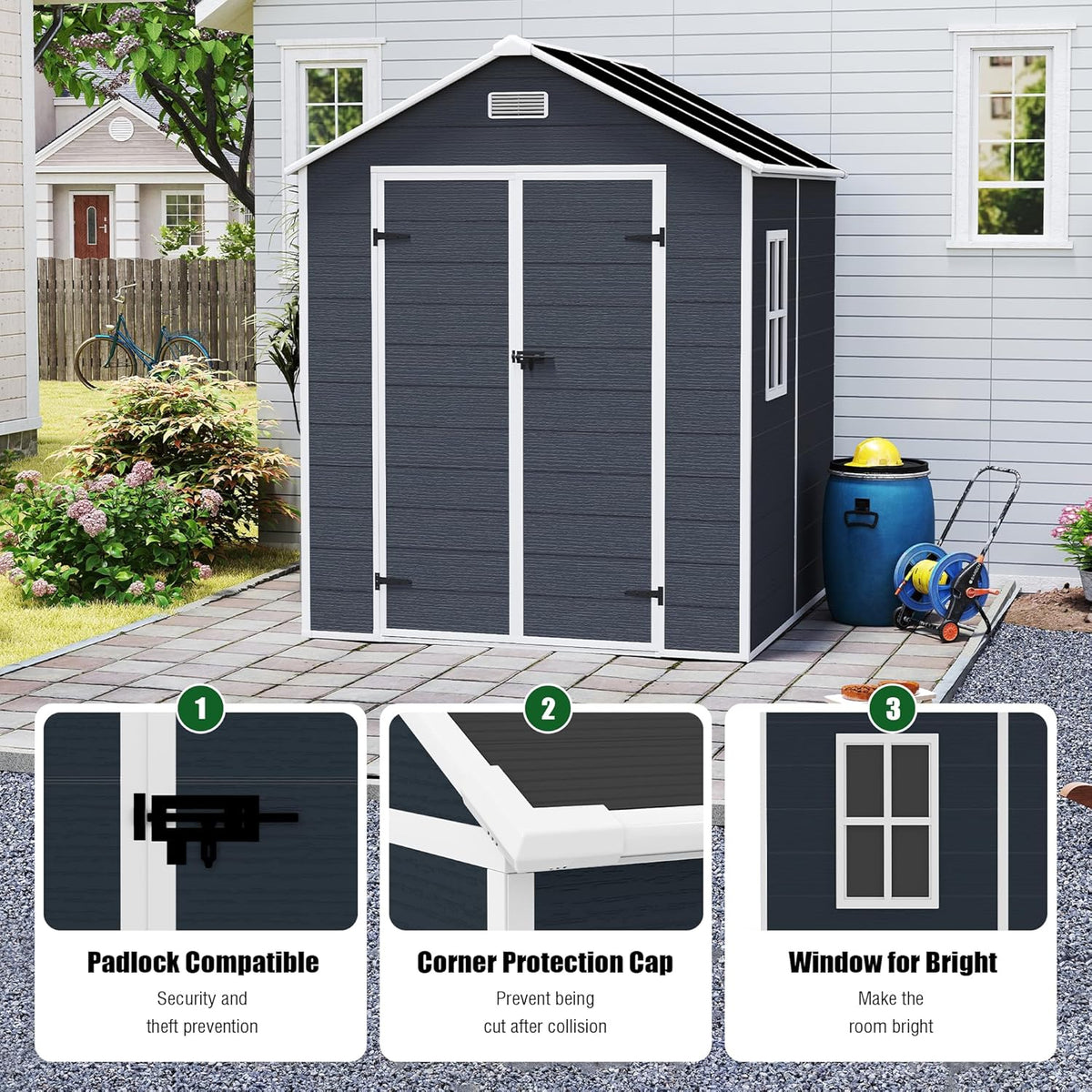 6x6 FT Outdoor Storage Resin Shed with Floor,Waterproof Plastic Garden Bike Shed with Lockable Door, Sloped Roof, Vents & Windows, Easy Assembly Tool Shed for Lawn, Backyard, Patio, Black